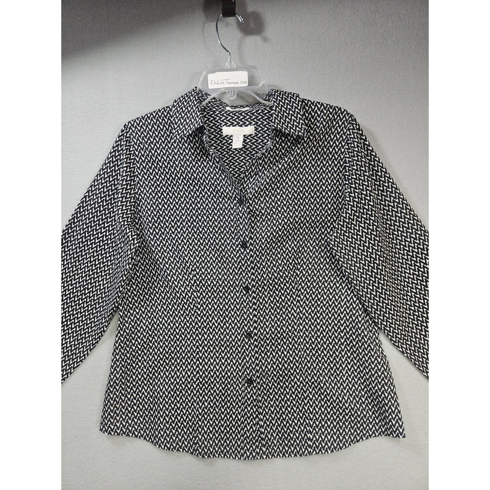 Chicos Woman's Size 1 Black White Chevron Zigzag Cotton Button Down Shirt